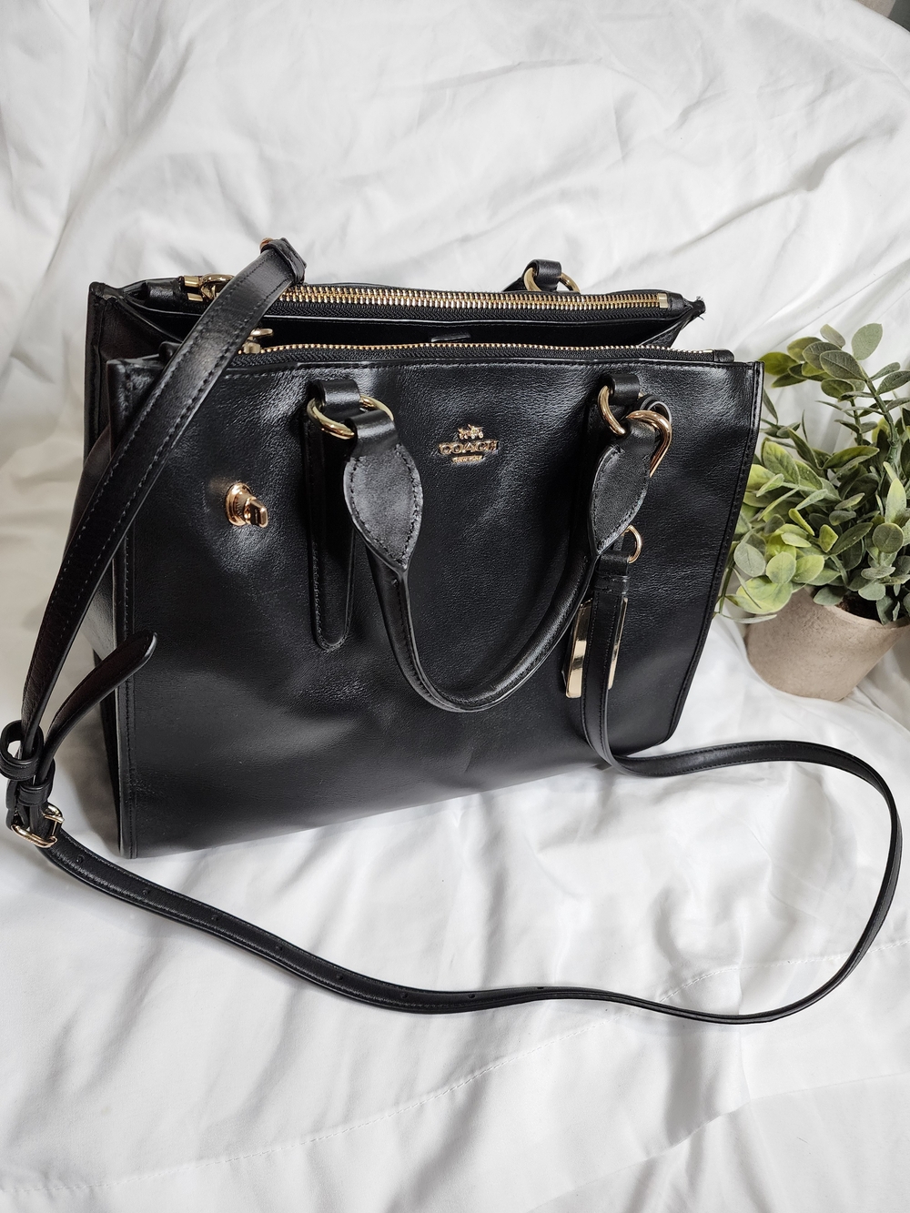 COACH Black Leather Double Zip Satchel Bag Gold Hardware Shoulder Carryall Excel